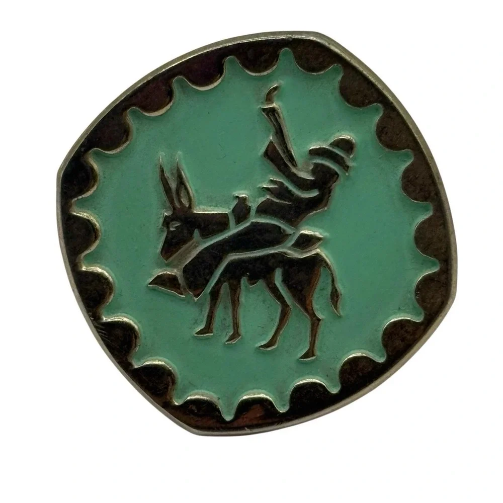 Western Man on Donkey Jackass Bullet Back Cufflinks Teal Green Gold Tone Vintage